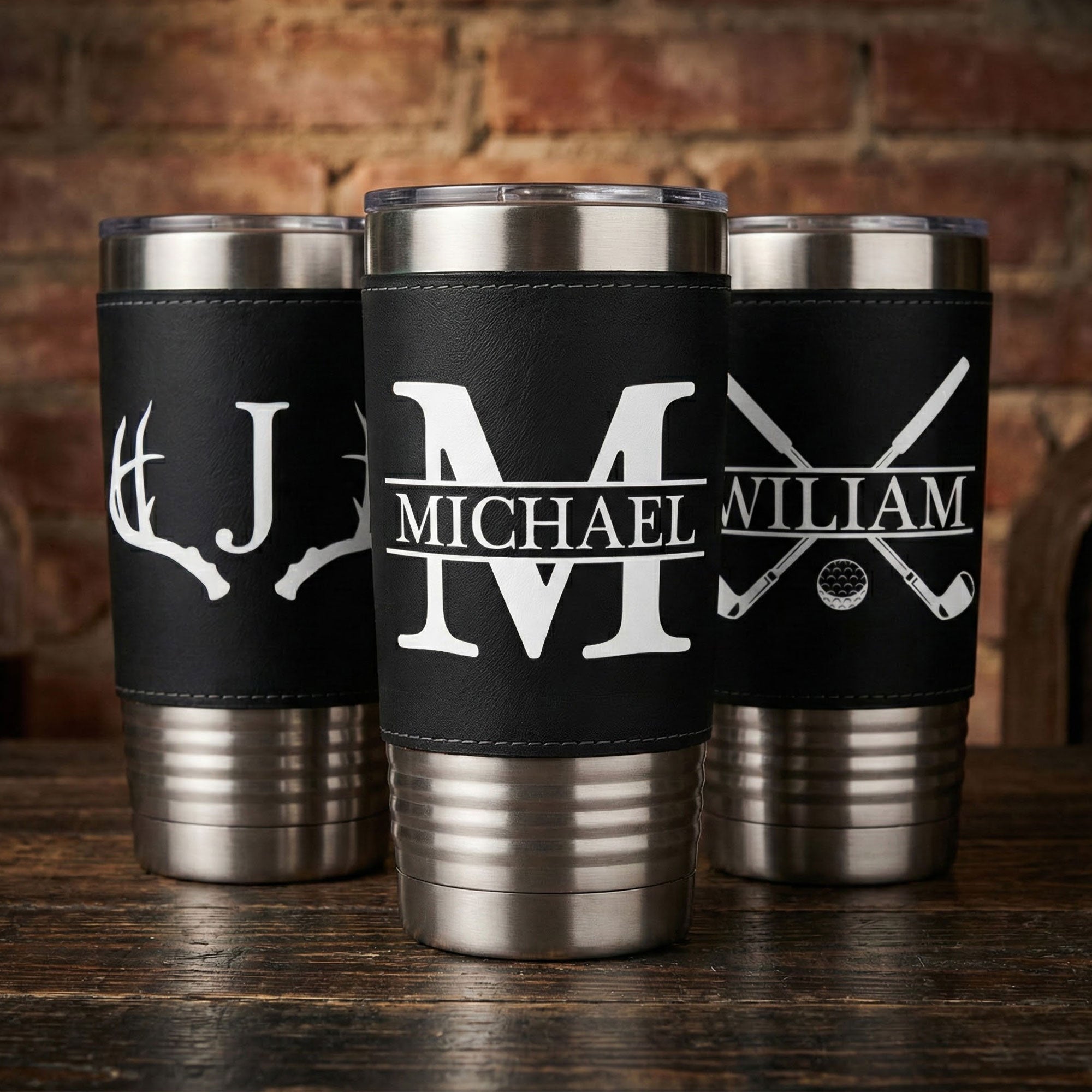 Vintage Monogram - Gift For Men, Husband, Dad - Personalized 20oz Leather Wrapped Tumbler