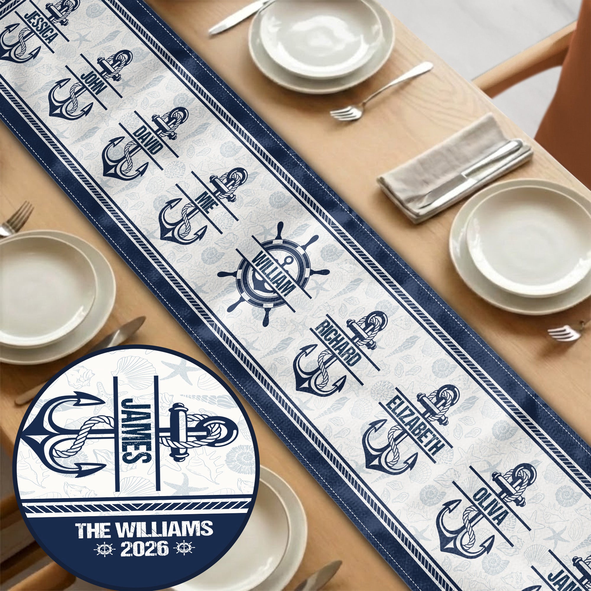 Vintage Nautical, Archor - Personalized Table Runner