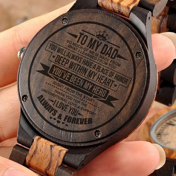 GREAT GIFTS FOR DAD - ENGRAVED WOODEN WATCH // ZEBRAWOOD + EBONY-A Loves Gift