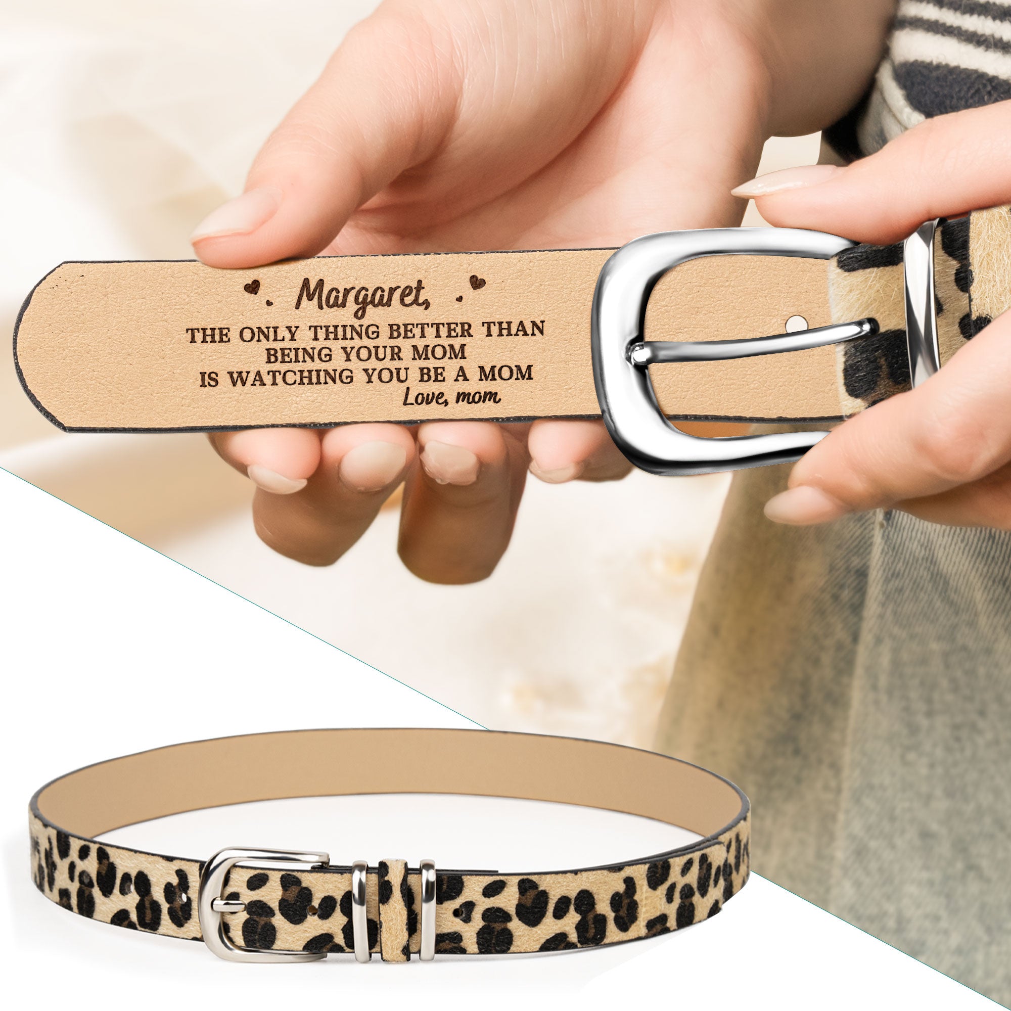 Watching You Be A Mom Gifts For Daughter - Personalized Animal Print Leather Belt