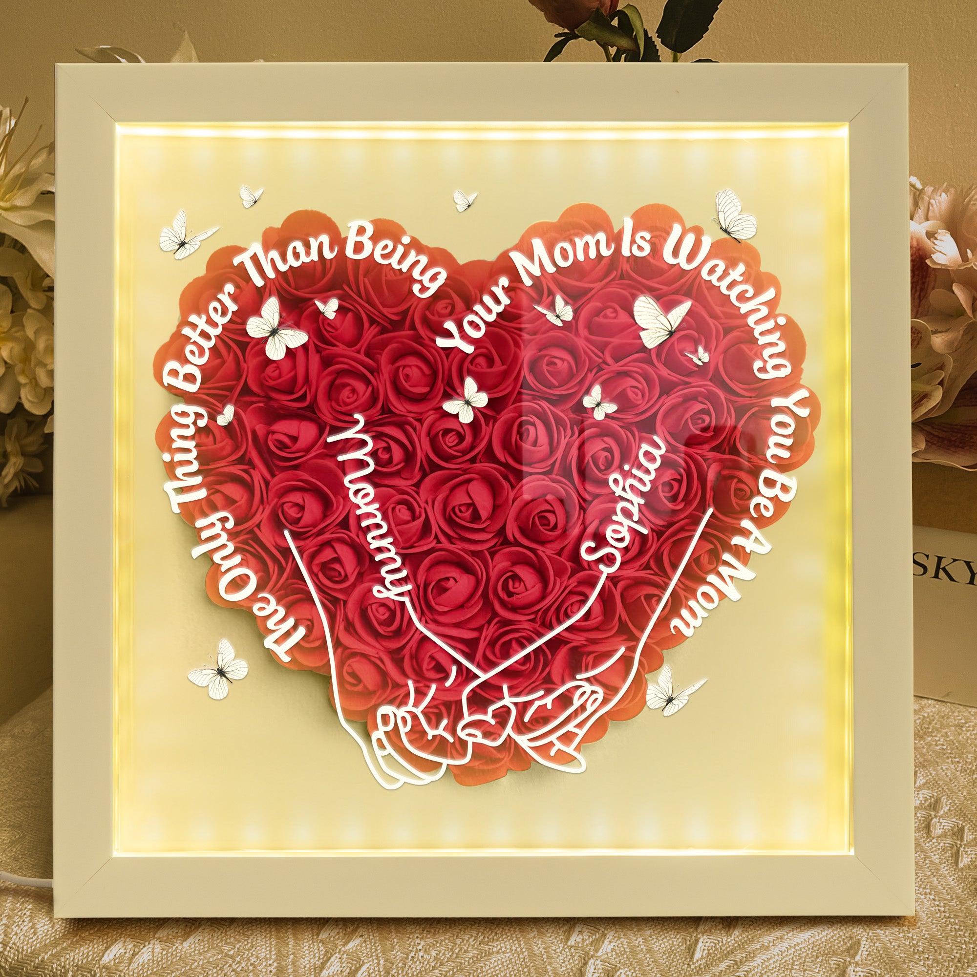 Watching You Be A Mom - New Mom Gifts For Daughter - Personalized Flower Shadow Box With Led Light