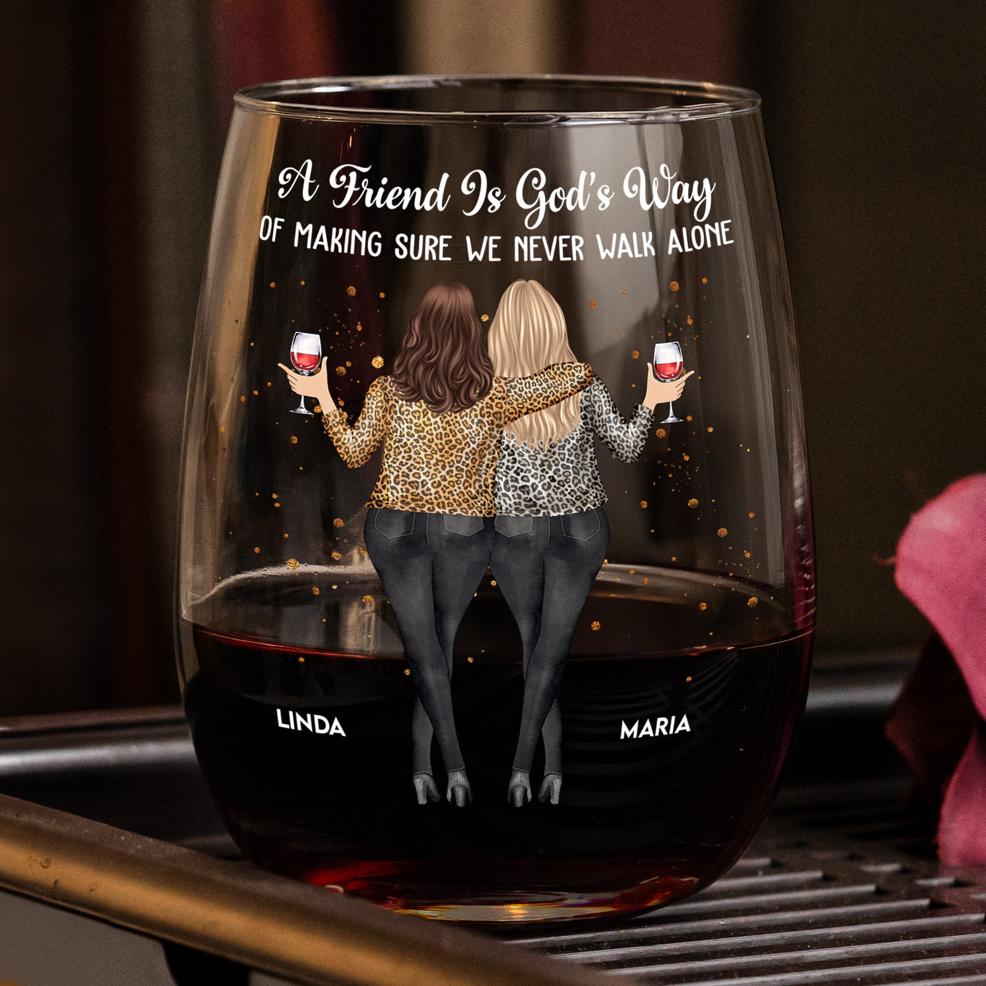 We Never Walk Alone Friendship - Personalized Stemless Wine Glass - Gift For Friend