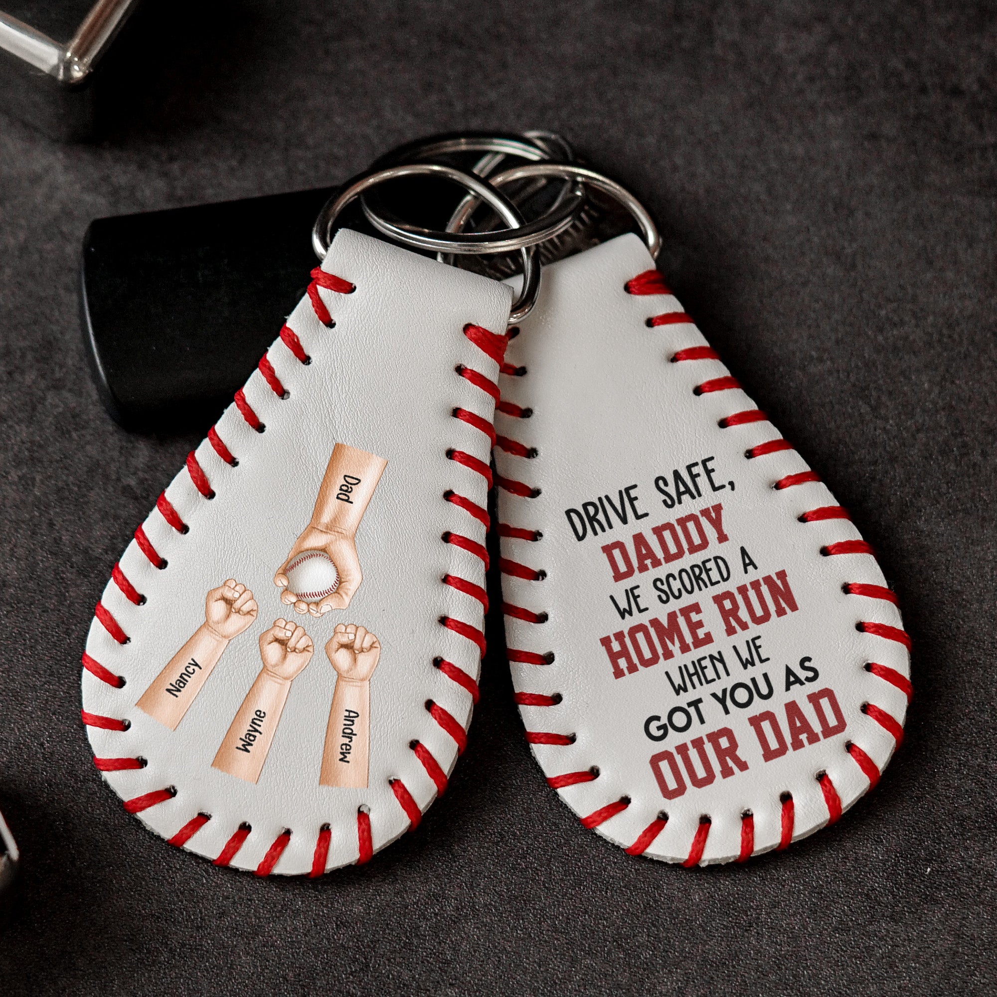 We Scored A Home Run When We Got You As Our Dad - Personalized Leather Baseball Keychain