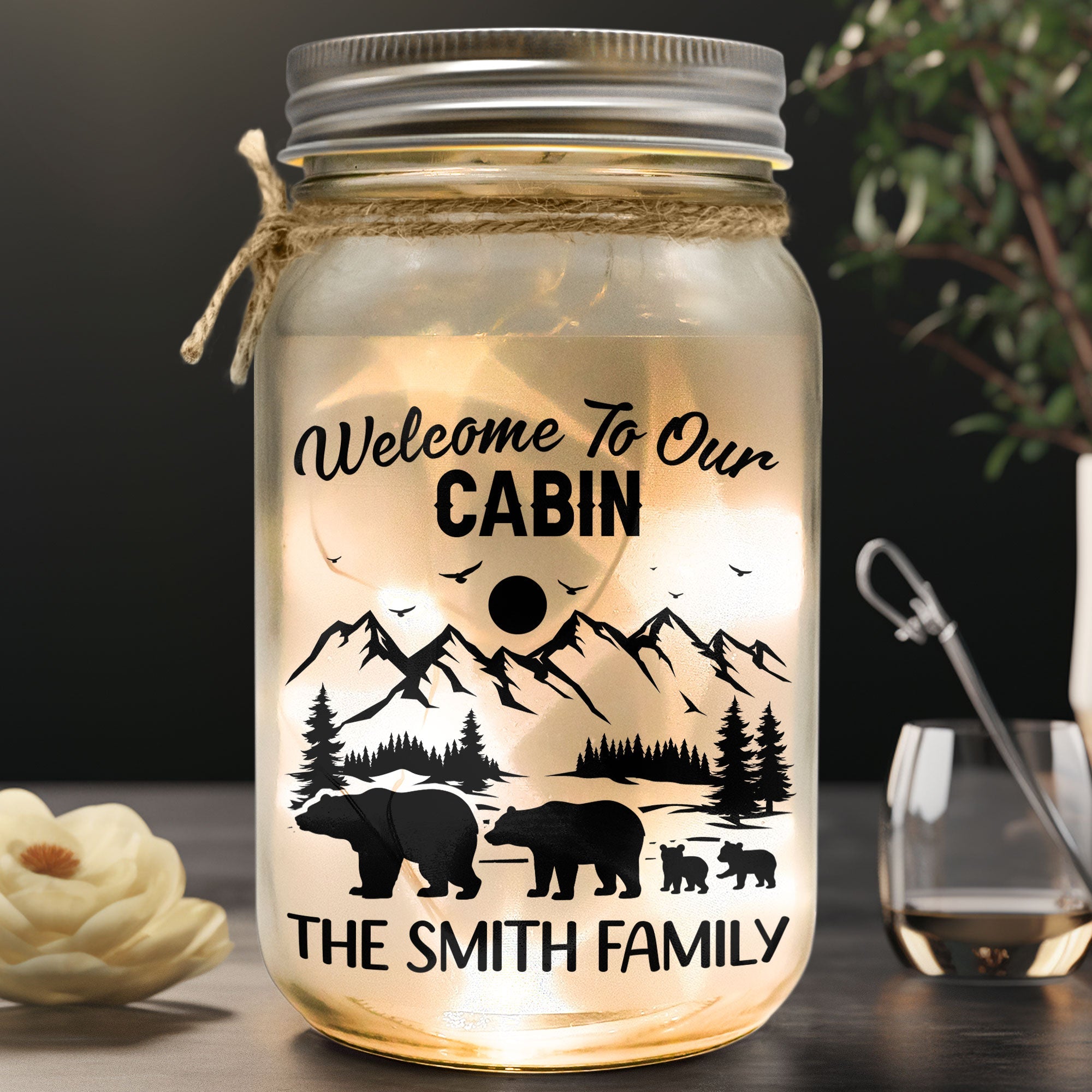 Welcome To Our Cabin- Personalized Mason Jar Light
