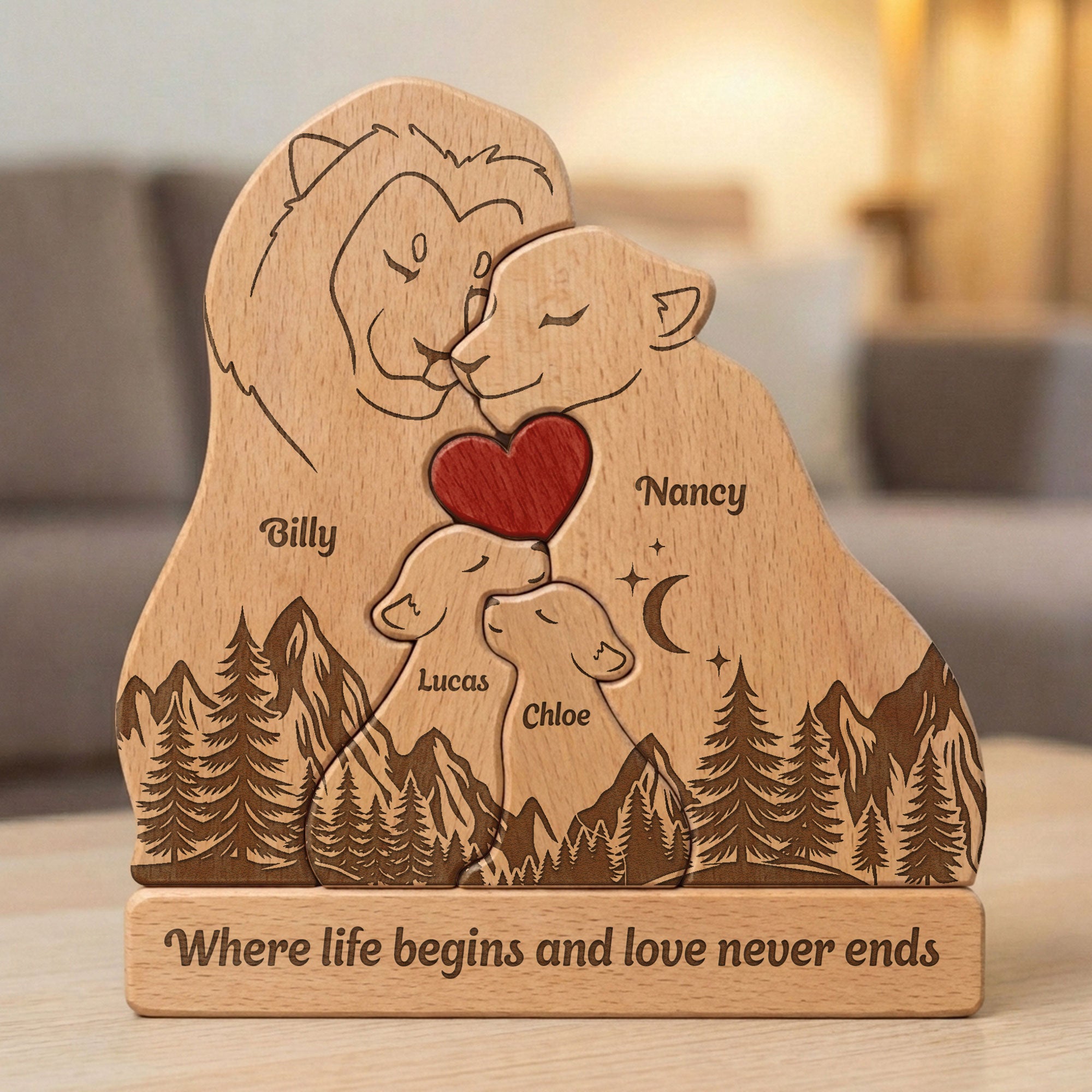 Where Life Begins And Love Never Ends Father's Day Gift - Personalized Wooden Lion Family Puzzle