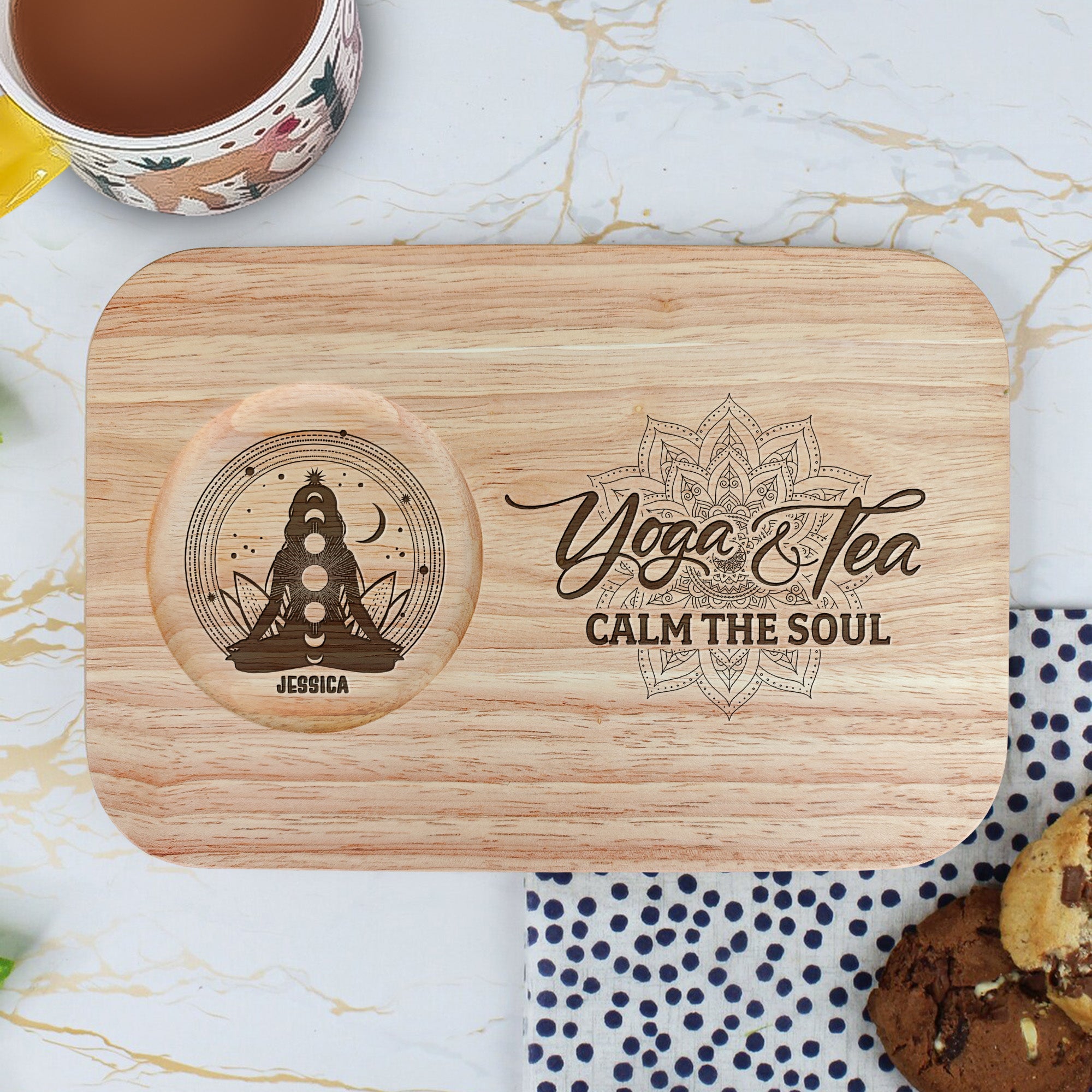 Yoga And Tea Calm The Soul - Custom Engraved Wooden Tea & Biscuit Board
