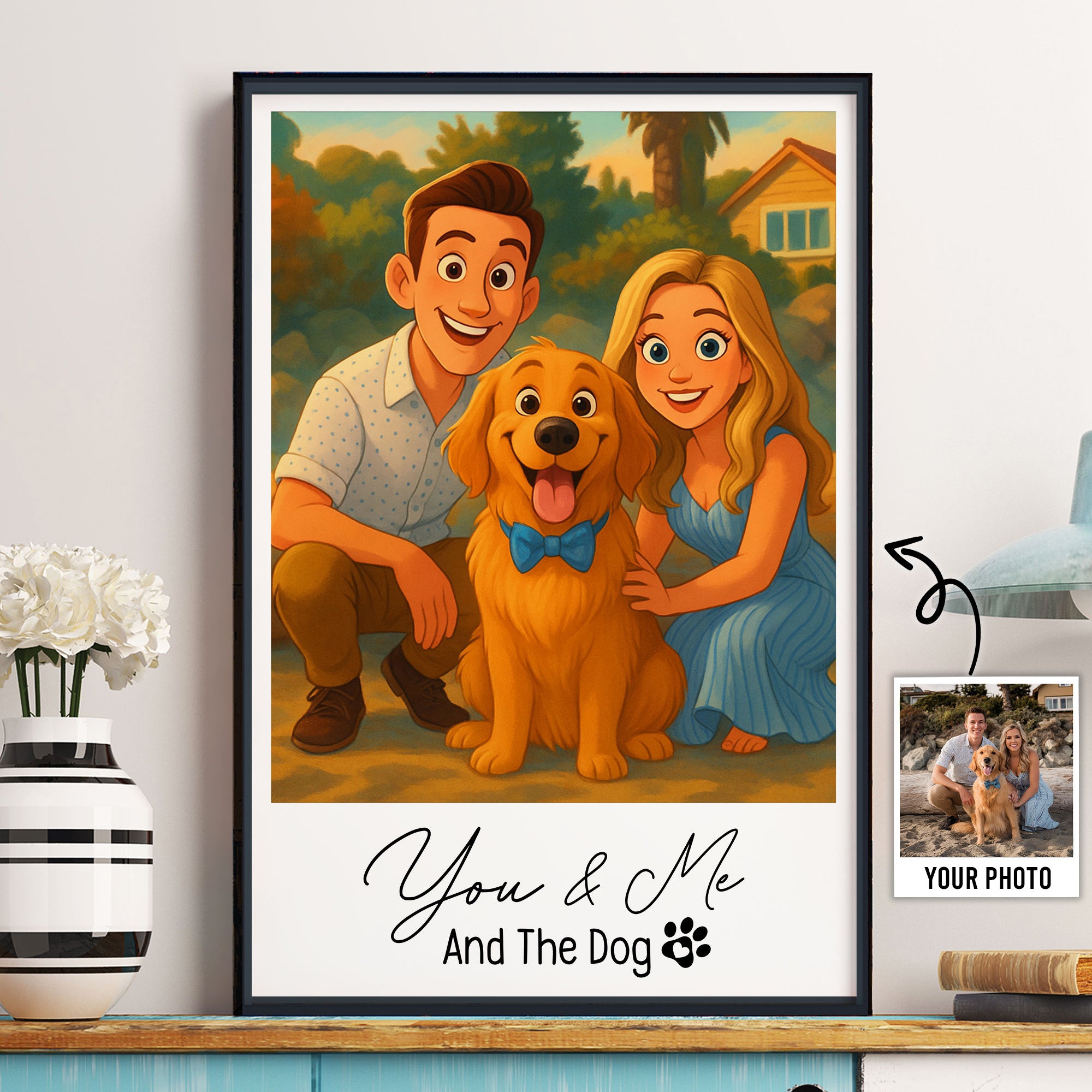 You & Me And The Dog, Cartoon Portrait For Couples - Personalized Photo Poster
