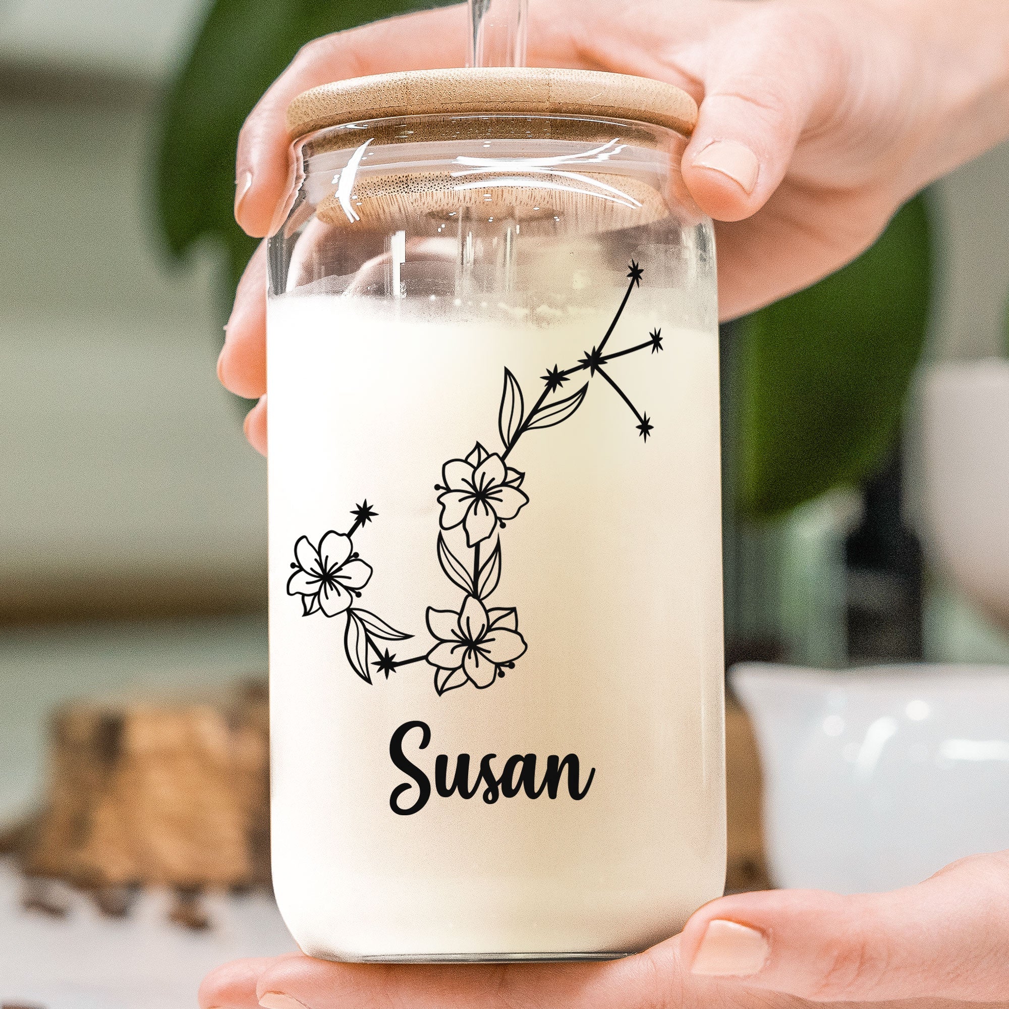 Zodiac Flower Birthday Gift For Women - Personalized Clear Glass Cup