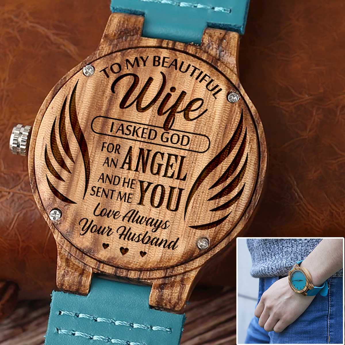 WIFE HUSBAND - YOU ARE MY ANGEL - BLUE WOOD WATCH 