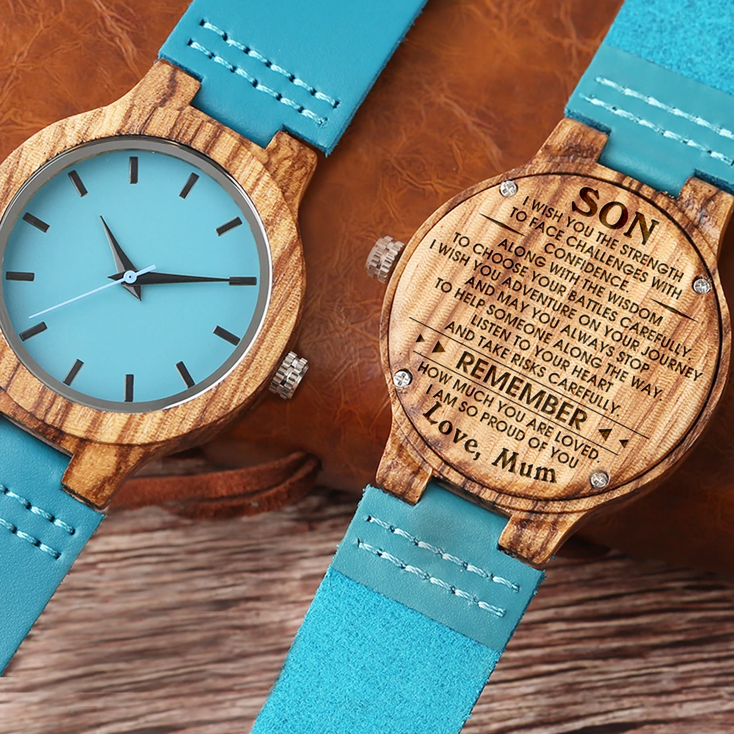 SON MUM - PROUD OF YOU - BLUE WOOD WATCH