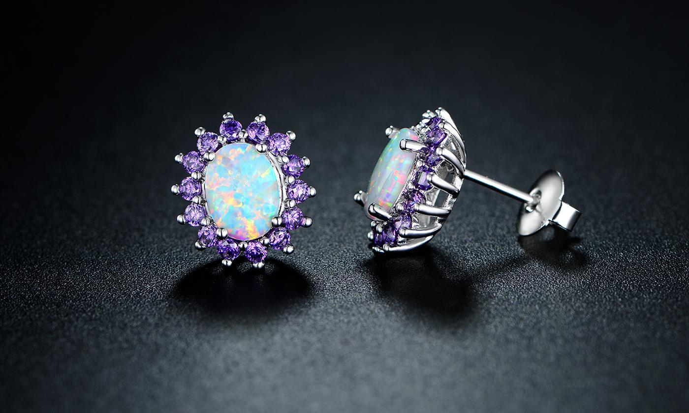 0.25 CTTW White Fire Opal and Amethyst Stud Earrings in Silvertone, Earring, Riakoob Jewelry, Riakoob Jewelry  jewelryjewelry deals, swarovski crystal jewelry, groupon jewelry,, jewelry for mom,