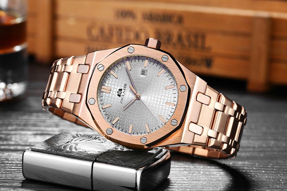 Men Automatic Self Wind Mechanical Stainless Steel Strap Simple Business Blue Rose Gold Yellow Gold Date Watch-A Loves Gift
