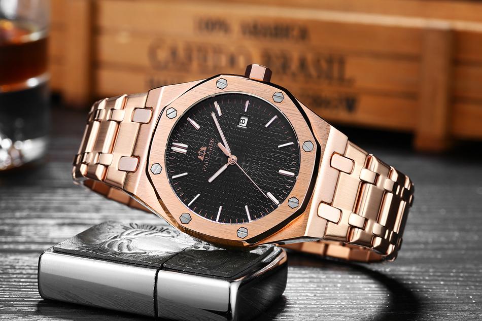 Men Automatic Self Wind Mechanical Stainless Steel Strap Simple Business Blue Rose Gold Yellow Gold Date Watch-A Loves Gift