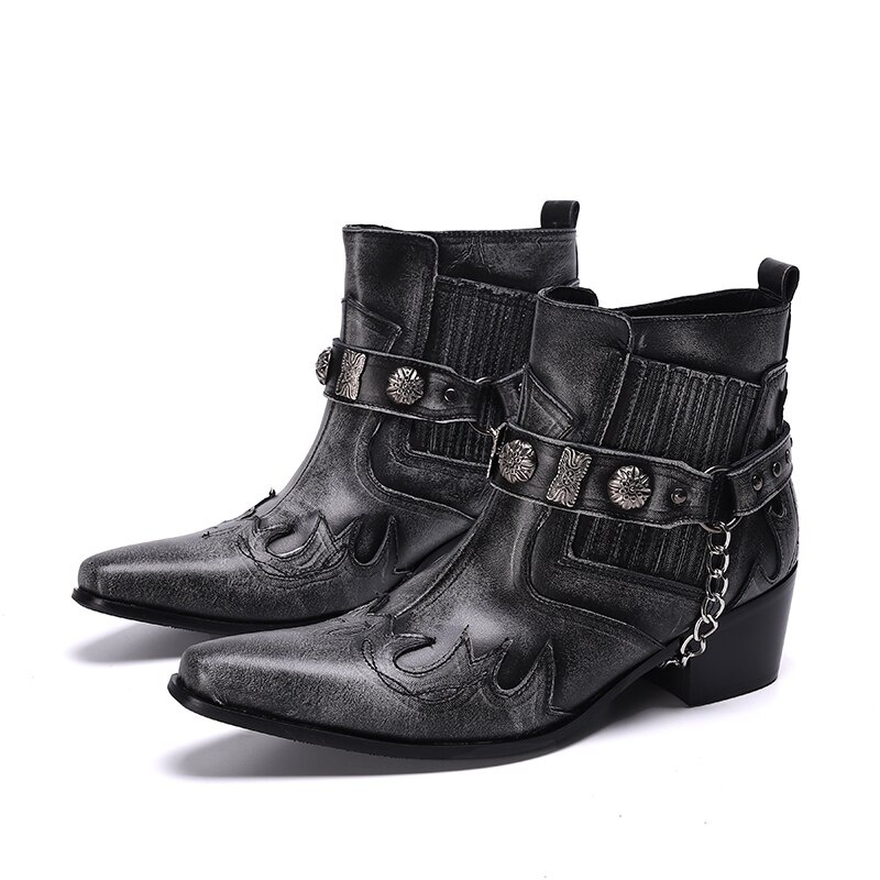 Men Leather Boots Pointed Toe Western Boots Plus Size Punk Motorcycle Short Boots