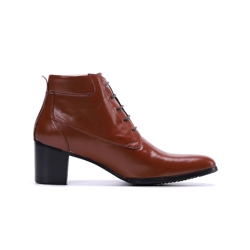 Brown Leather Men Ankle Boots Pointed Toe High Heel Boots Male Lace Up Oxford Shoes