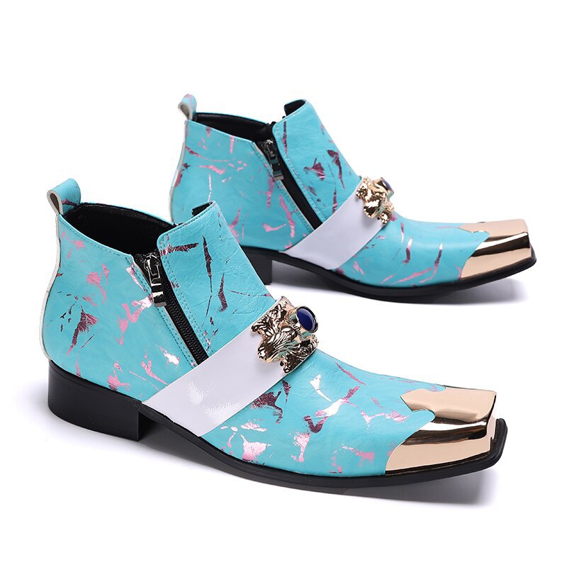 Metal Decoration Men Boots Square Toe Leather Ankle Boots Male Zipper Boots