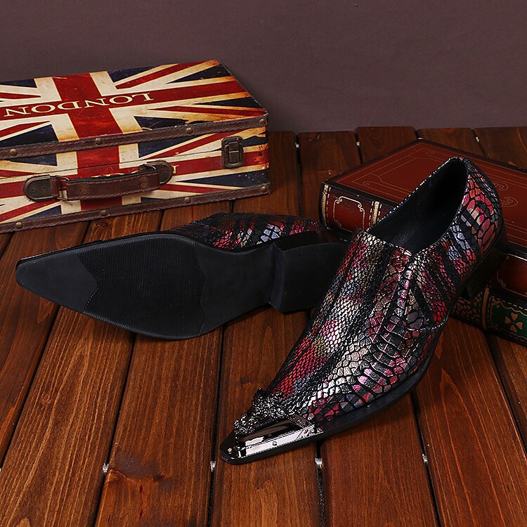 Metal Carved Flowers Pointed Toe Man Plus Size Shoes Multicolor Leather Men's Shoes