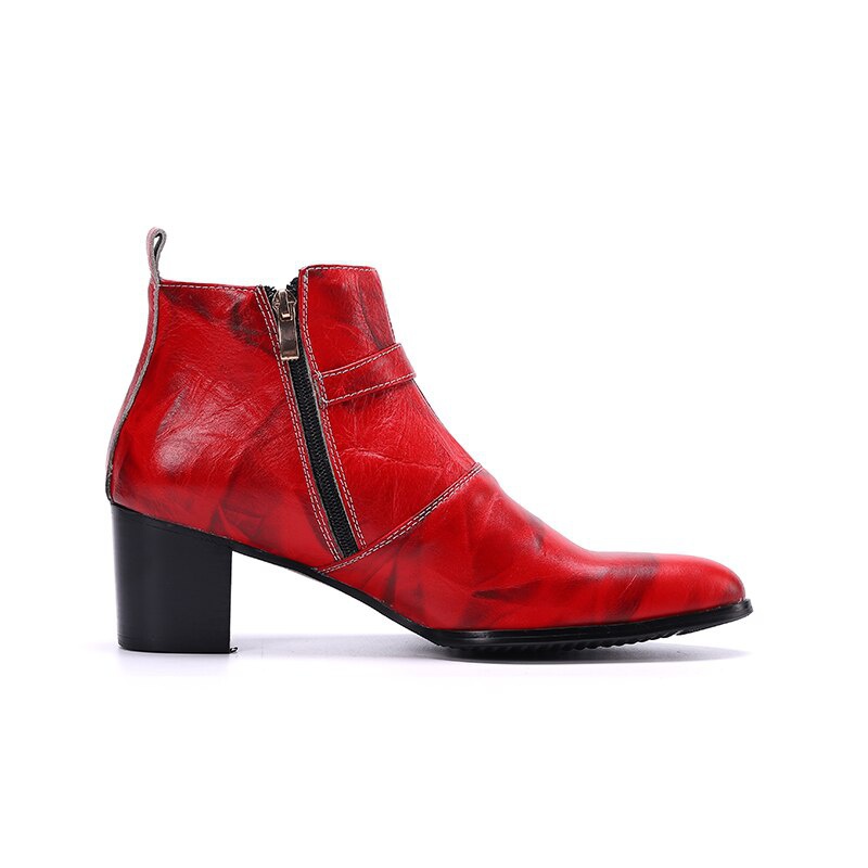 Red Leather Men High Heel Boots Pointed Toe Dress Shoes Jazz Man Short Boots