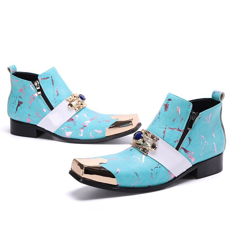 Metal Decoration Men Boots Square Toe Leather Ankle Boots Male Zipper Boots