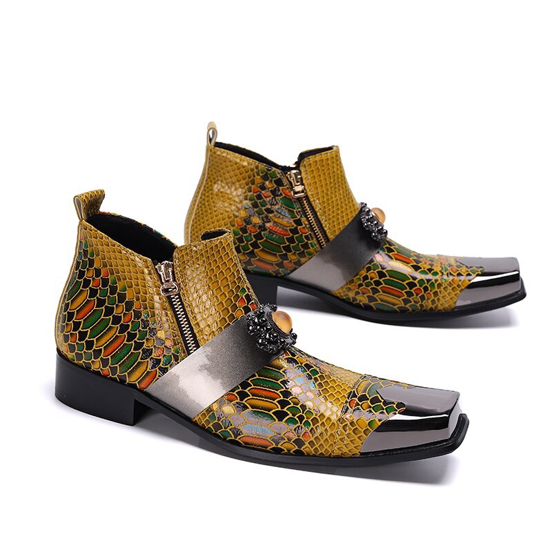 Metal Square Toe Men Dress Shoes Leather Ankle Boots Zipper Short Boots