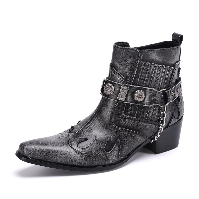 Men Leather Boots Pointed Toe Western Boots Plus Size Punk Motorcycle Short Boots