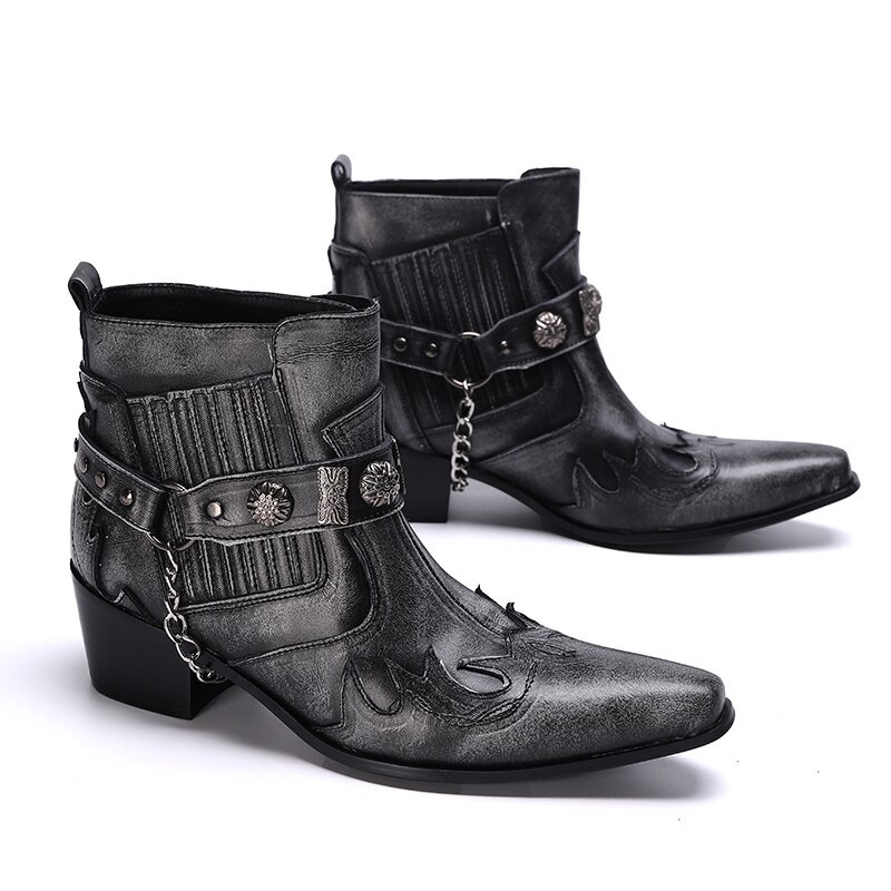Men Leather Boots Pointed Toe Western Boots Plus Size Punk Motorcycle Short Boots