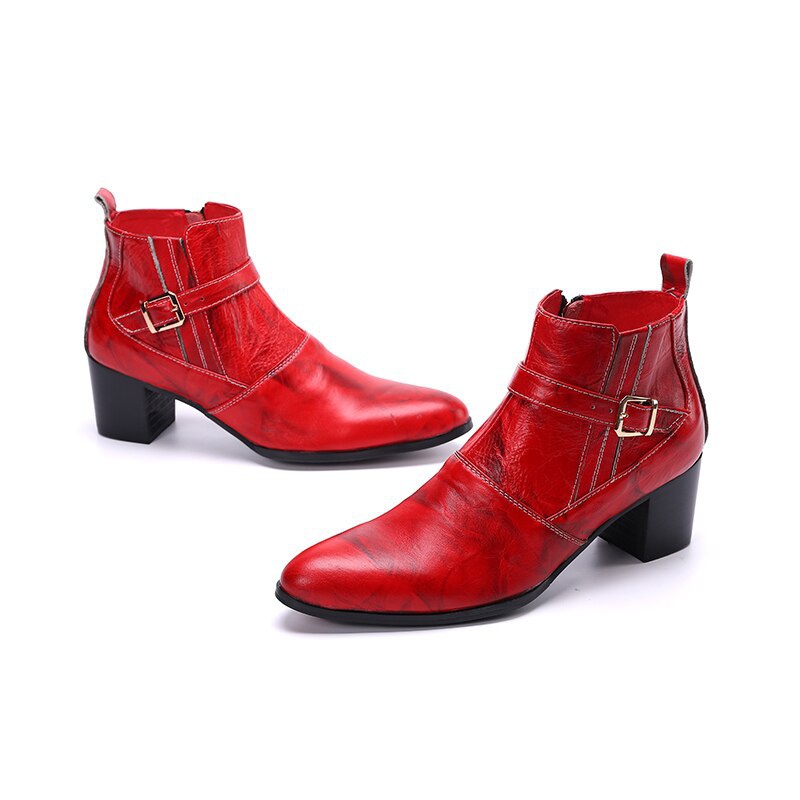 Red Leather Men High Heel Boots Pointed Toe Dress Shoes Jazz Man Short Boots