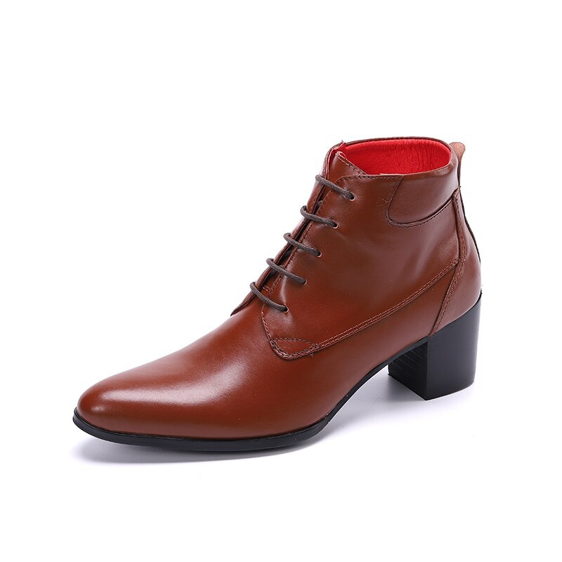 Brown Leather Men Ankle Boots Pointed Toe High Heel Boots Male Lace Up Oxford Shoes