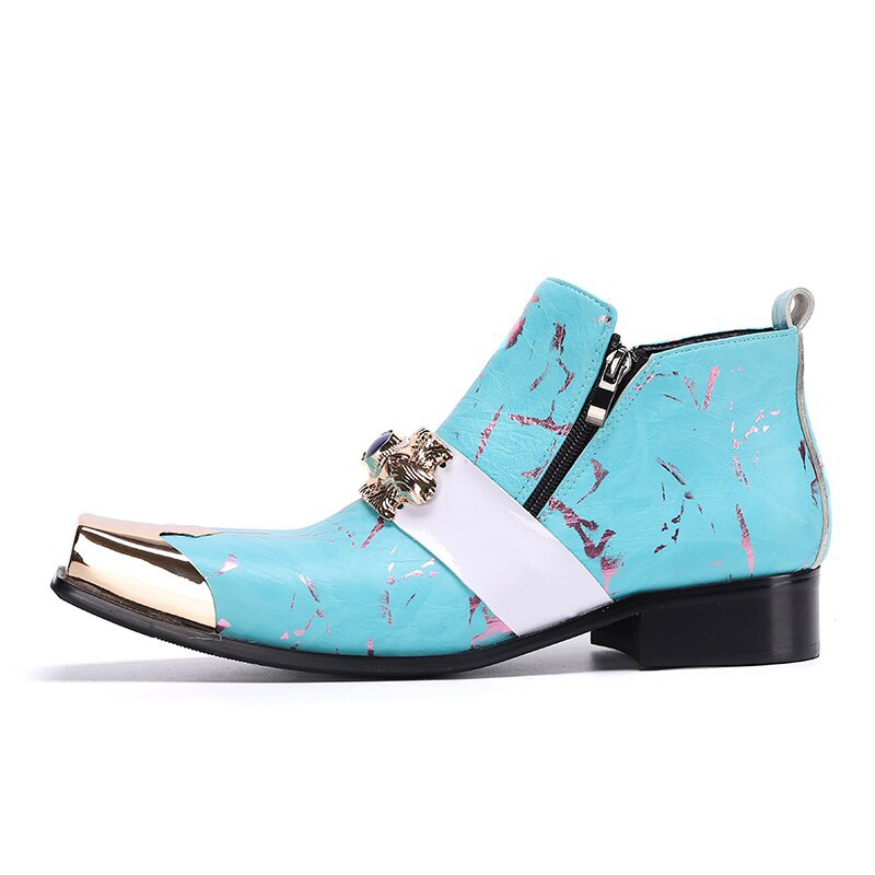 Metal Decoration Men Boots Square Toe Leather Ankle Boots Male Zipper Boots