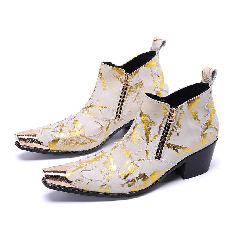 Gold Pattern Formal Men Ankle Boots Increase Height Prom Dress Boots Leather Short Boots Botas