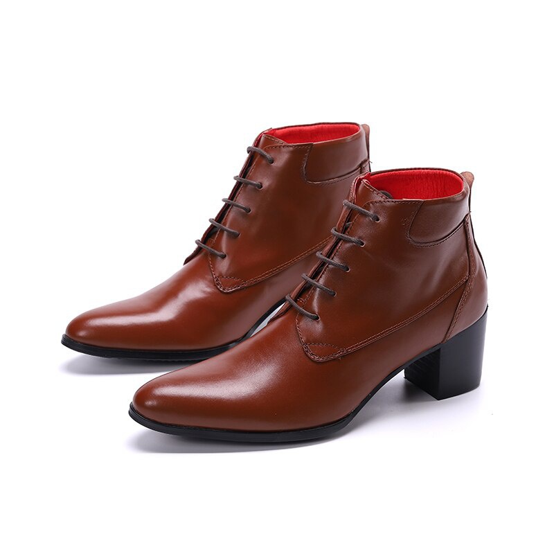 Brown Leather Men Ankle Boots Pointed Toe High Heel Boots Male Lace Up Oxford Shoes