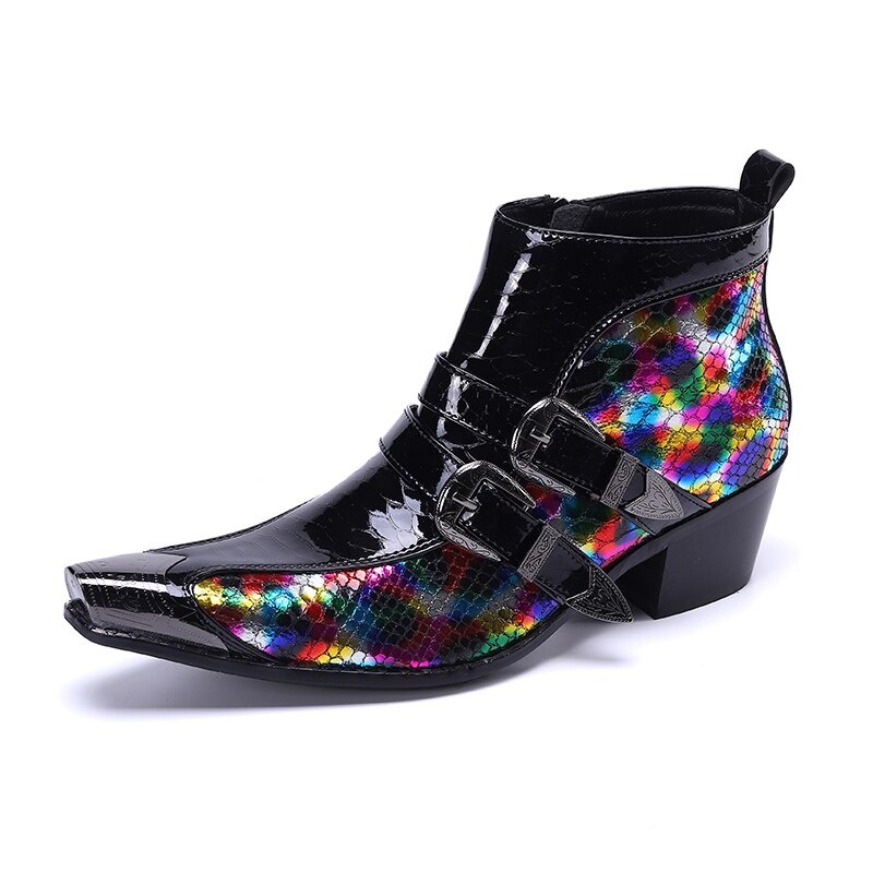 Patent Leather Men Dress Boots Increase Height Buckle Man Ankle Boots Prom Formal Shoes