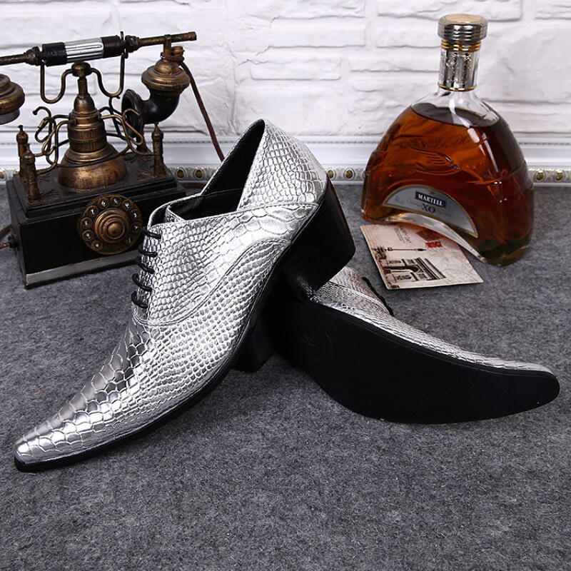Plus Size Pointed Toe Man Oxfords Shoes Silver Leather Men's Formal Derby Shoes