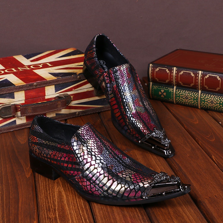 Metal Carved Flowers Pointed Toe Man Plus Size Shoes Multicolor Leather Men's Shoes