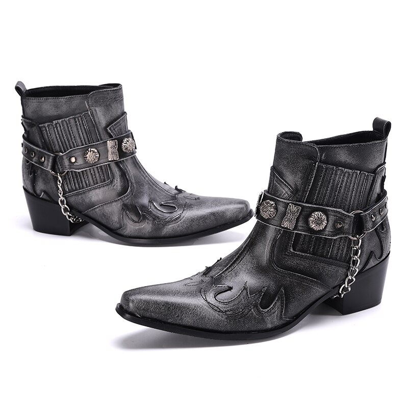 Men Leather Boots Pointed Toe Western Boots Plus Size Punk Motorcycle Short Boots