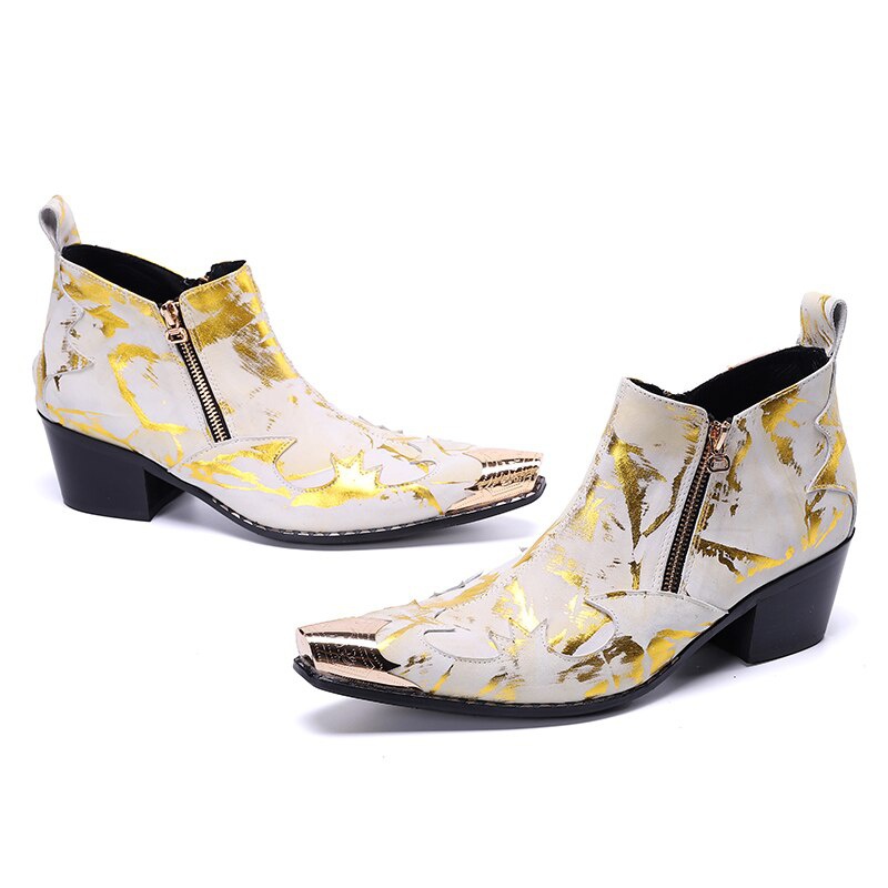 Gold Pattern Formal Men Ankle Boots Increase Height Prom Dress Boots Leather Short Boots Botas