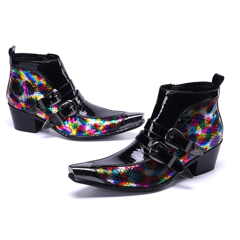 Patent Leather Men Dress Boots Increase Height Buckle Man Ankle Boots Prom Formal Shoes