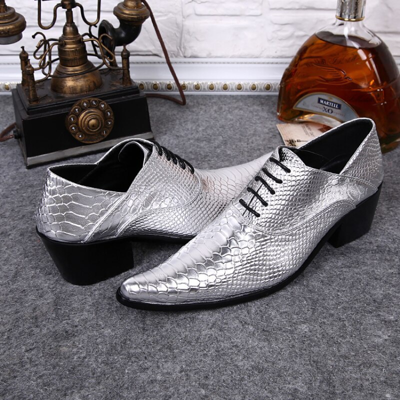 Plus Size Pointed Toe Man Oxfords Shoes Silver Leather Men's Formal Derby Shoes