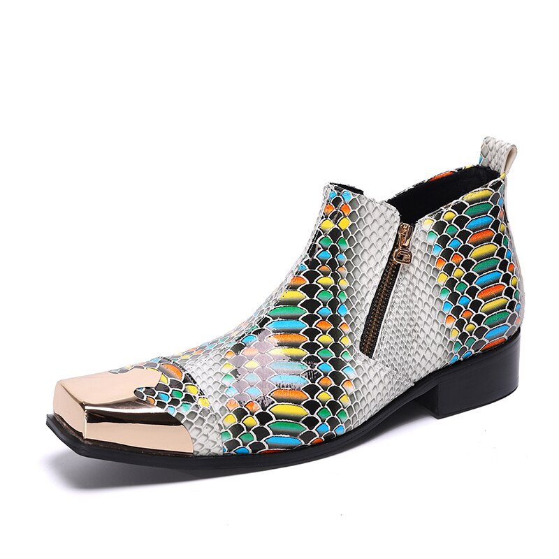 Formal Shoes Leather Ankle Boots For Men Print Dress Boots Zipper Short Boots