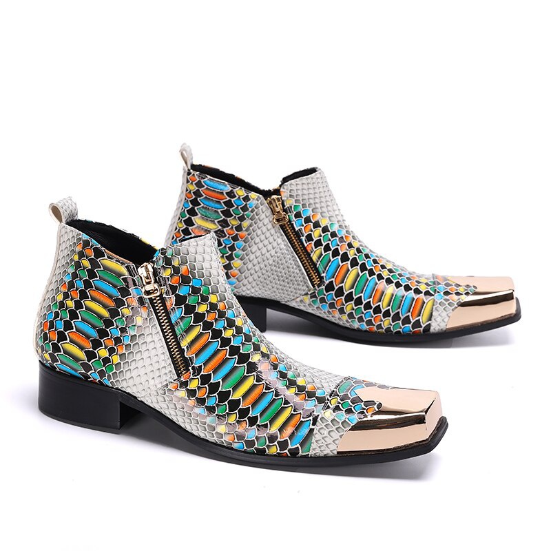 Formal Shoes Leather Ankle Boots For Men Print Dress Boots Zipper Short Boots