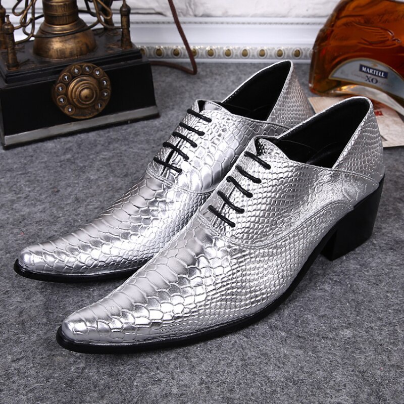 Plus Size Pointed Toe Man Oxfords Shoes Silver Leather Men's Formal Derby Shoes