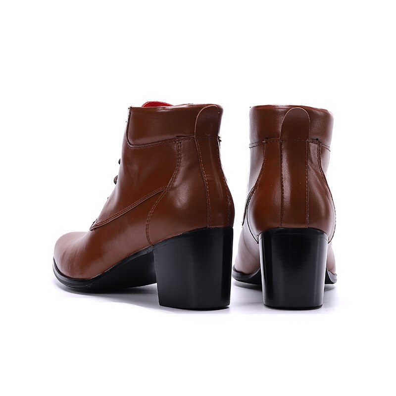 Brown Leather Men Ankle Boots Pointed Toe High Heel Boots Male Lace Up Oxford Shoes
