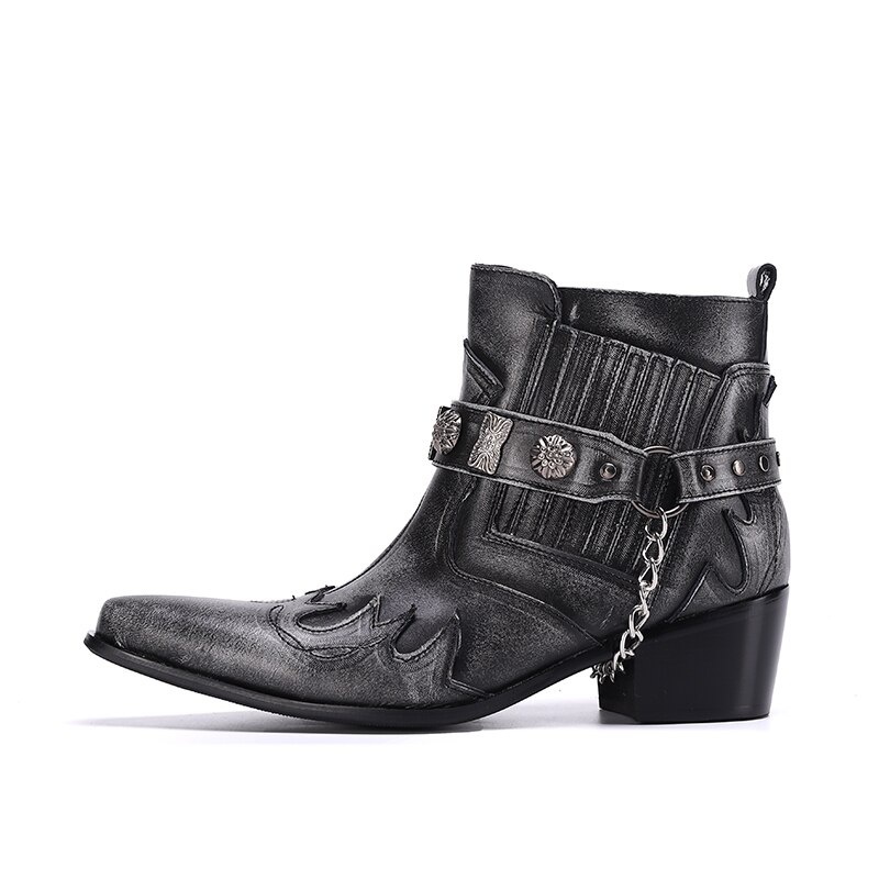 Men Leather Boots Pointed Toe Western Boots Plus Size Punk Motorcycle Short Boots