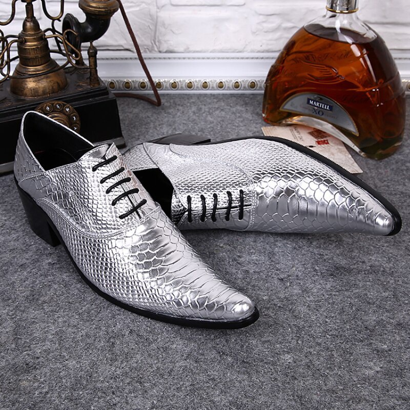 Plus Size Pointed Toe Man Oxfords Shoes Silver Leather Men's Formal Derby Shoes