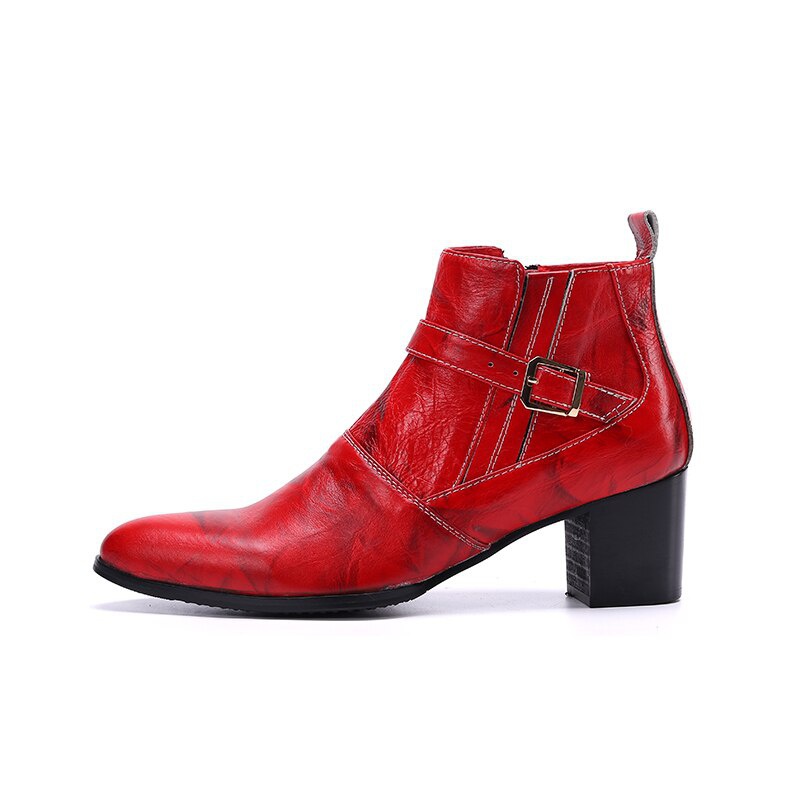 Red Leather Men High Heel Boots Pointed Toe Dress Shoes Jazz Man Short Boots