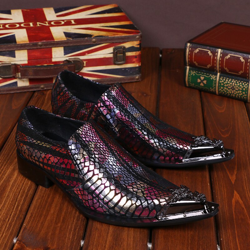 Metal Carved Flowers Pointed Toe Man Plus Size Shoes Multicolor Leather Men's Shoes