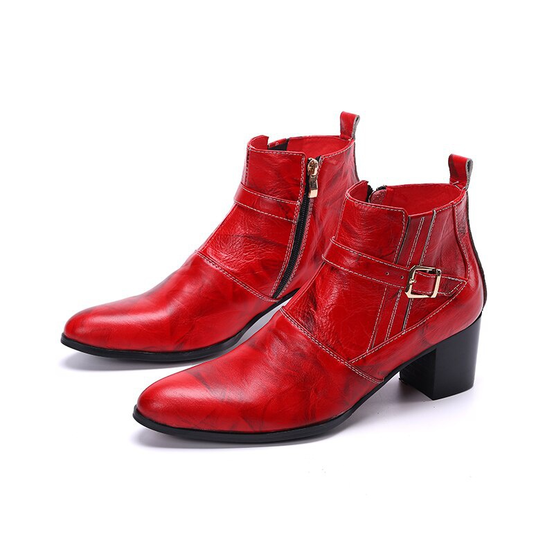 Red Leather Men High Heel Boots Pointed Toe Dress Shoes Jazz Man Short Boots