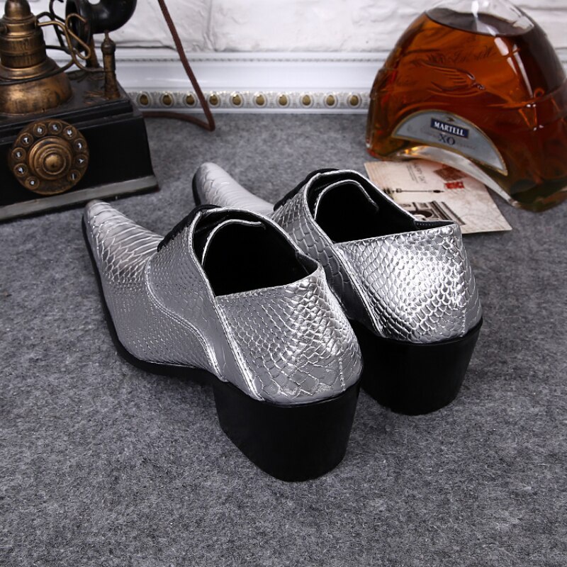 Plus Size Pointed Toe Man Oxfords Shoes Silver Leather Men's Formal Derby Shoes