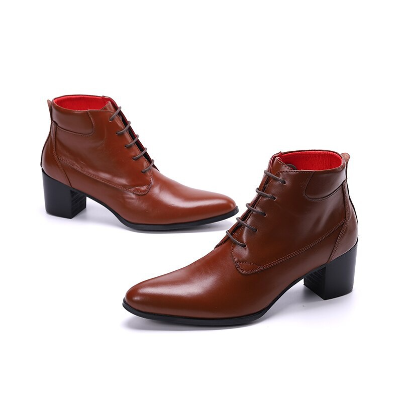 Brown Leather Men Ankle Boots Pointed Toe High Heel Boots Male Lace Up Oxford Shoes