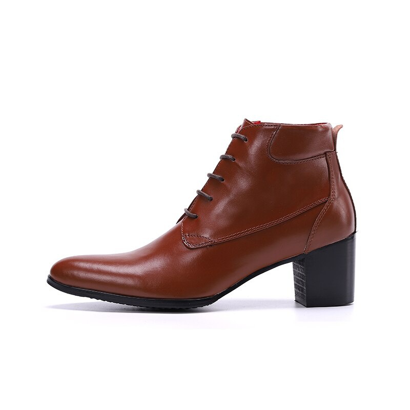 Brown Leather Men Ankle Boots Pointed Toe High Heel Boots Male Lace Up Oxford Shoes